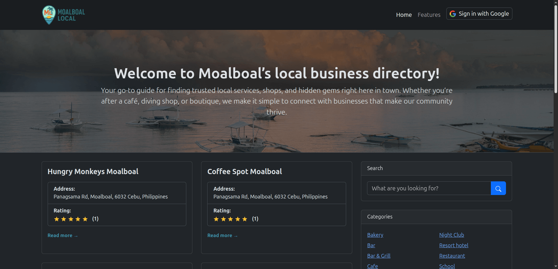 Screenshot of the home page of the Moalboal Local website