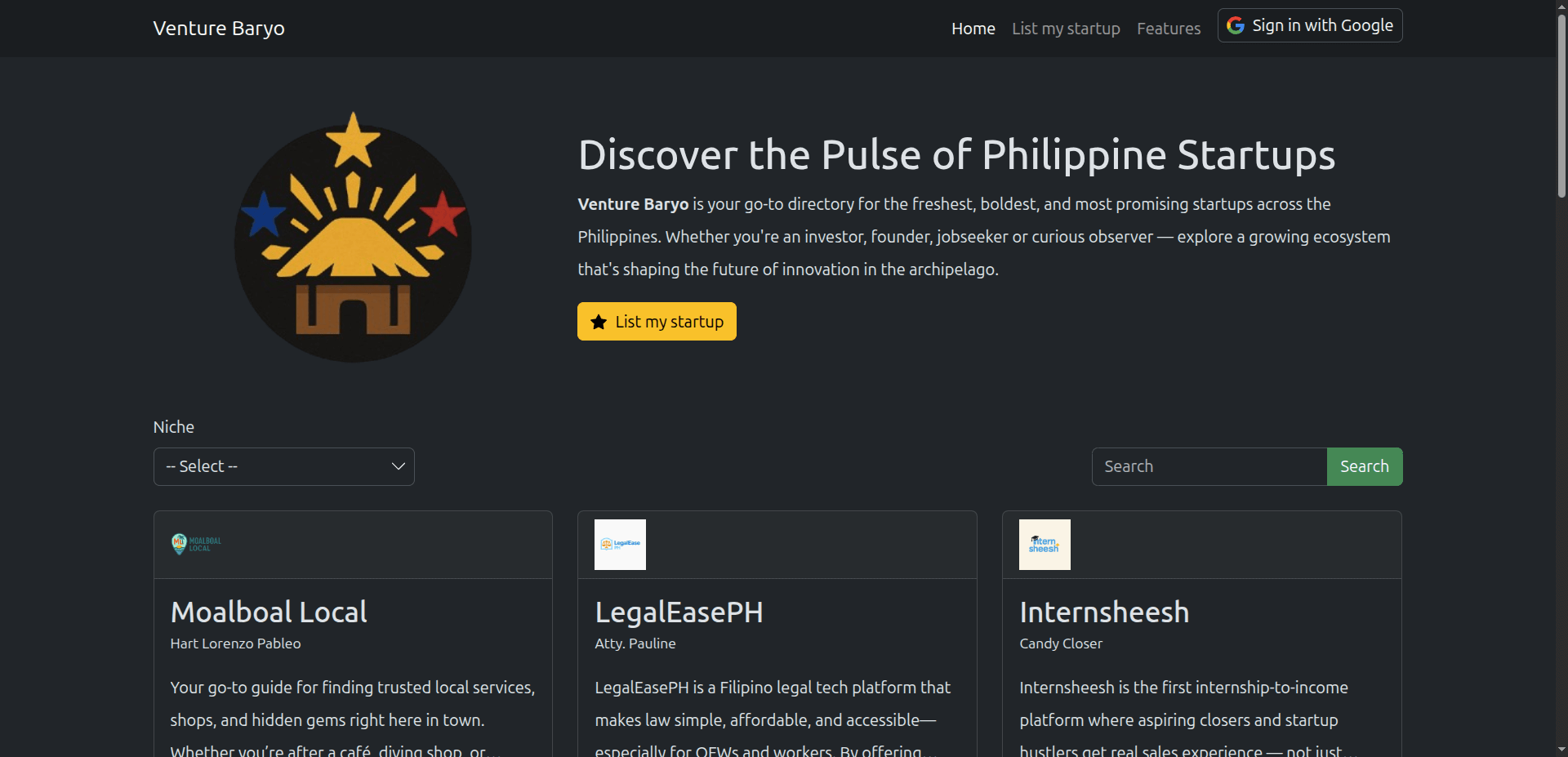 Screenshot of the home page of the Venture Baryo website